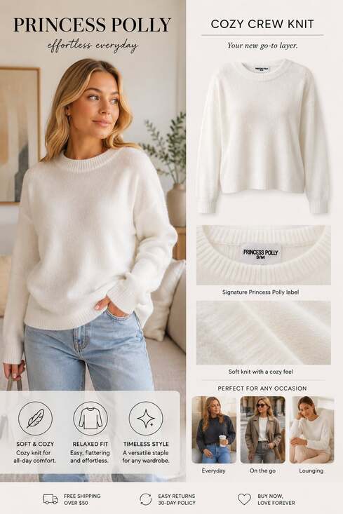 Princess Polly Sweaters - Princess Polly Cozy Crew Knit Sweater White Size S/M
